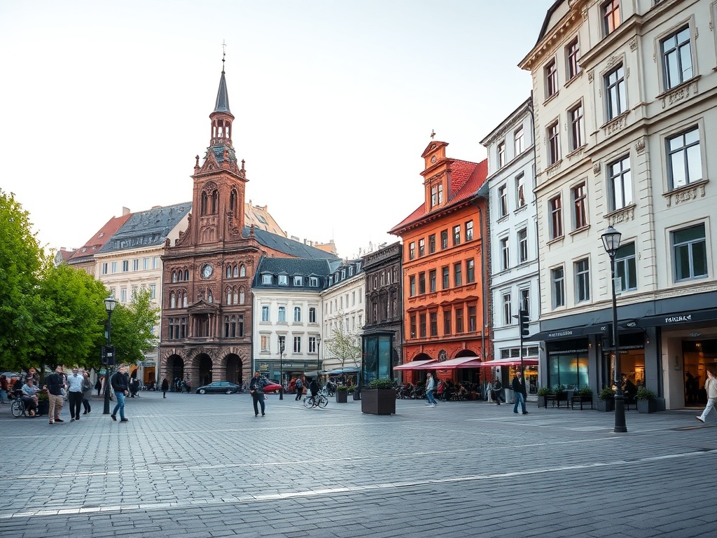Ilustracja przedstawiająca połączenie zabytkowej architektury Łodzi z elementami nowoczesnej rozrywki dla rodzin, np. dinozaur lub gokart.