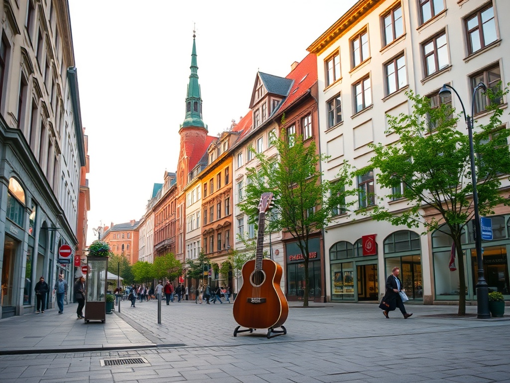 Ilustracja przedstawiająca psa pod opieką weterynarza obok gitary, symbolizująca połączenie opieki nad zwierzętami i kultury w Łodzi.