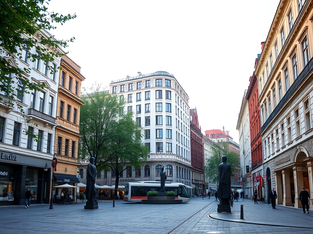 Wizualizacja przedstawiająca nowoczesną architekturę Łodzi z elementami symbolizującymi rozwój po 22 latach w UE, kontrastującą z ciemniejszymi elementami symbolizującymi incydenty kryminalne.