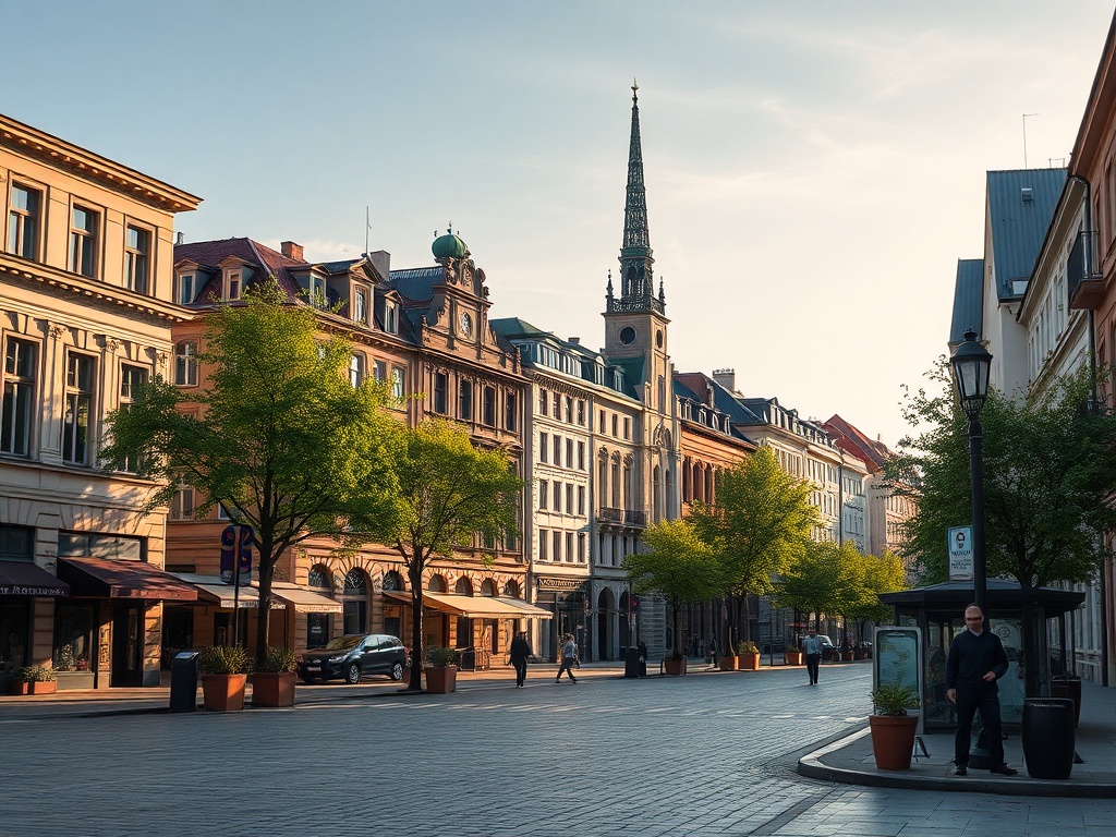 Ilustracja ukazująca ulicę Piotrkowską w Łodzi z nowymi nasadzeniami drzew i dyskutującymi mieszkańcami.