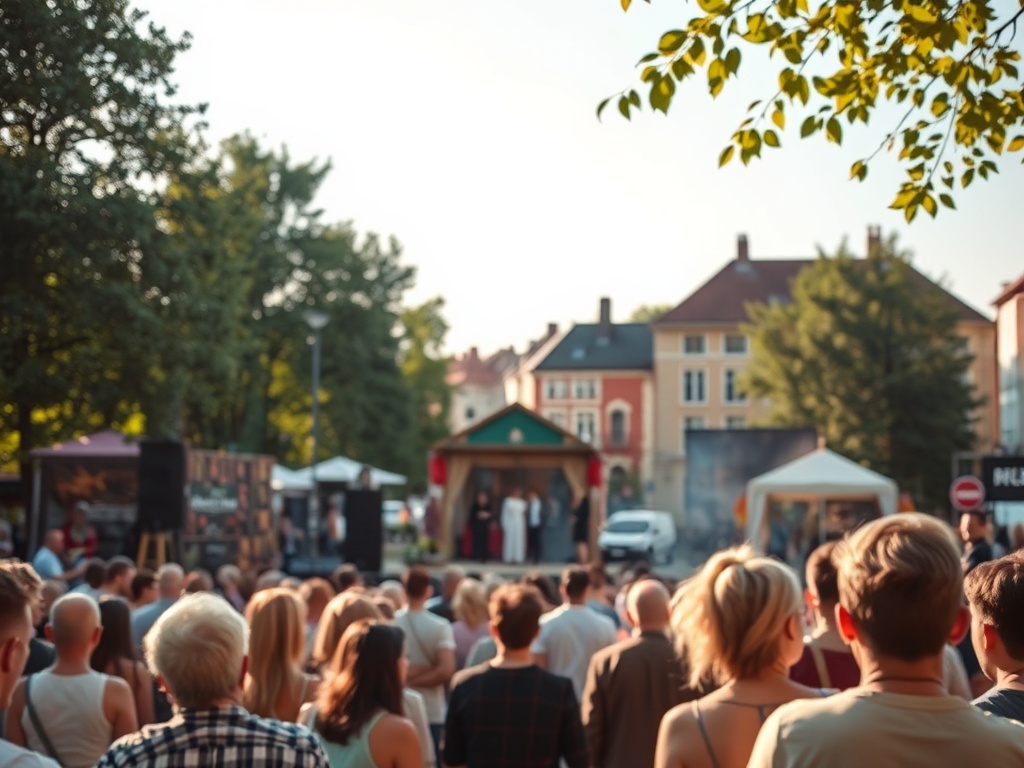 Plakat informujący o wydarzeniach teatralnych w Łodzi, w tym Festiwalu Szkół Teatralnych i konkursie Komediopisanie.